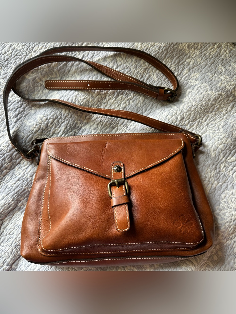 Patricia Nash Cognac Leather Crossbody purse/ Bag with Front Buckle